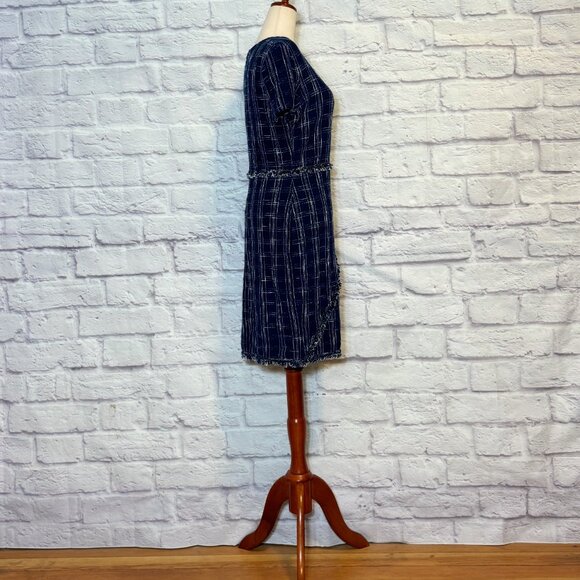 St. John Navy Blue & White Wool Blend Knit Plaid Sheath Dress - Picture 3 of 6